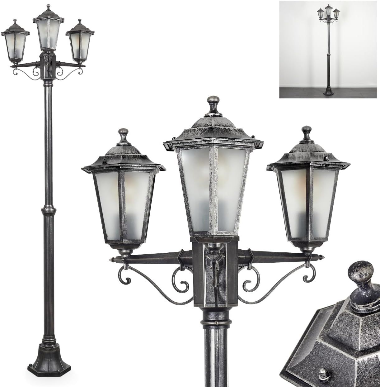 3 Light Outdoor Lamp Post Black Silver