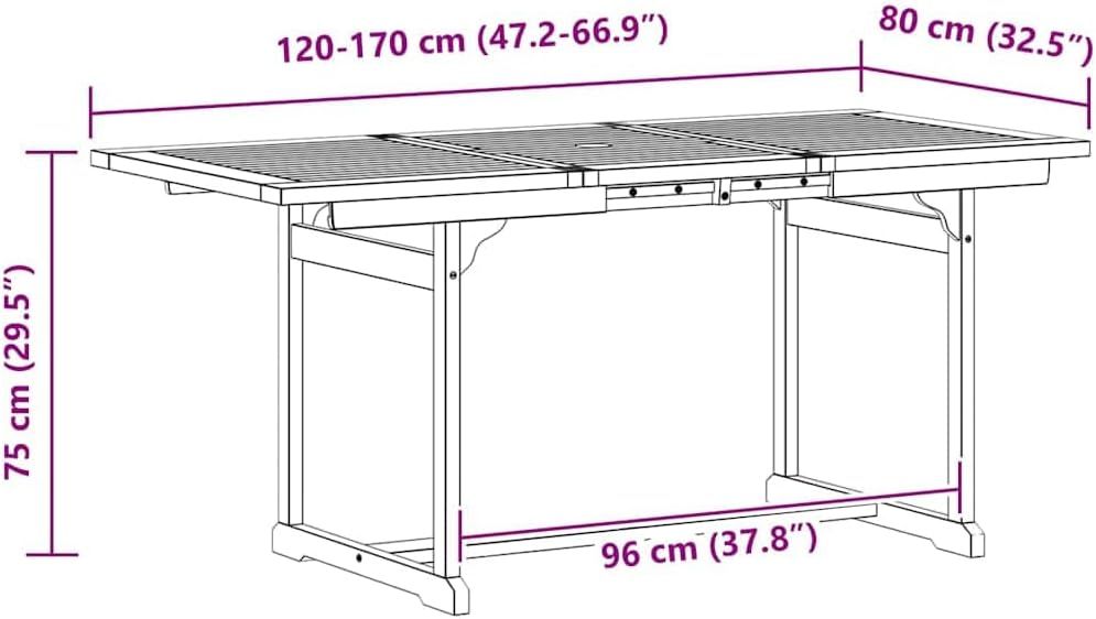 Expandable Solid Wood Patio Dining Table — Extendable 120–170 × 80 × 75 cm, Built-in Umbrella Hole, Outdoor Garden Furniture