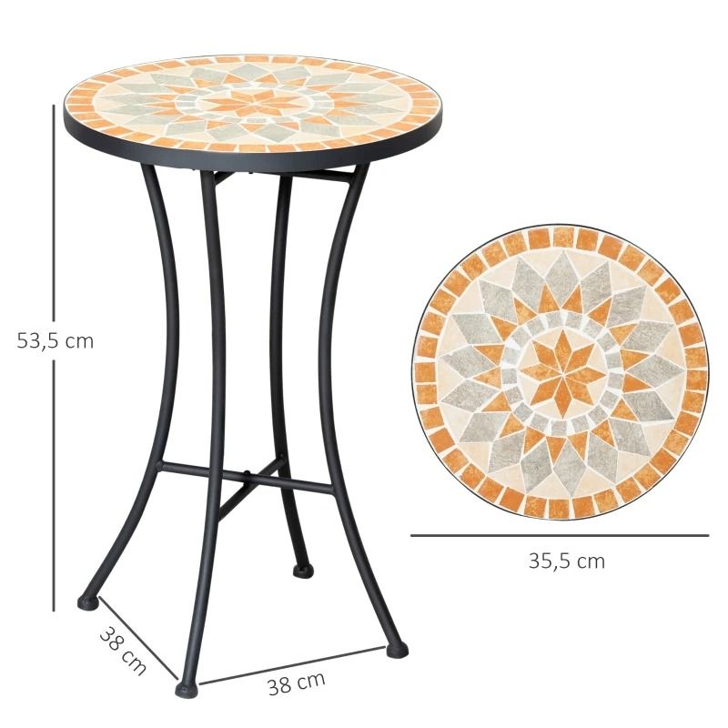 Round Mosaic Patio Side Table – Black Metal Frame, 35.5 × 35.5 × 53.5 cm