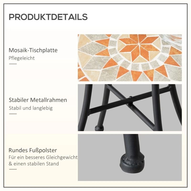 Round Mosaic Patio Side Table – Black Metal Frame, 35.5 × 35.5 × 53.5 cm