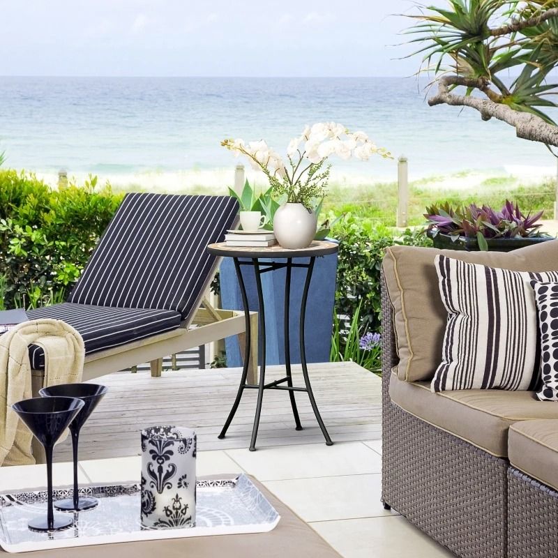 Round Mosaic Patio Side Table – Black Metal Frame, 35.5 × 35.5 × 53.5 cm