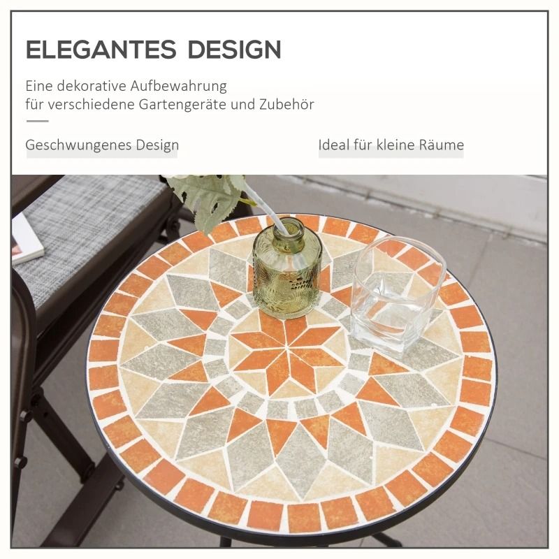 Round Mosaic Patio Side Table – Black Metal Frame, 35.5 × 35.5 × 53.5 cm