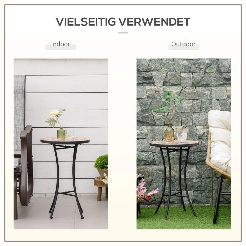 Round Mosaic Patio Side Table – Black Metal Frame, 35.5 × 35.5 × 53.5 cm