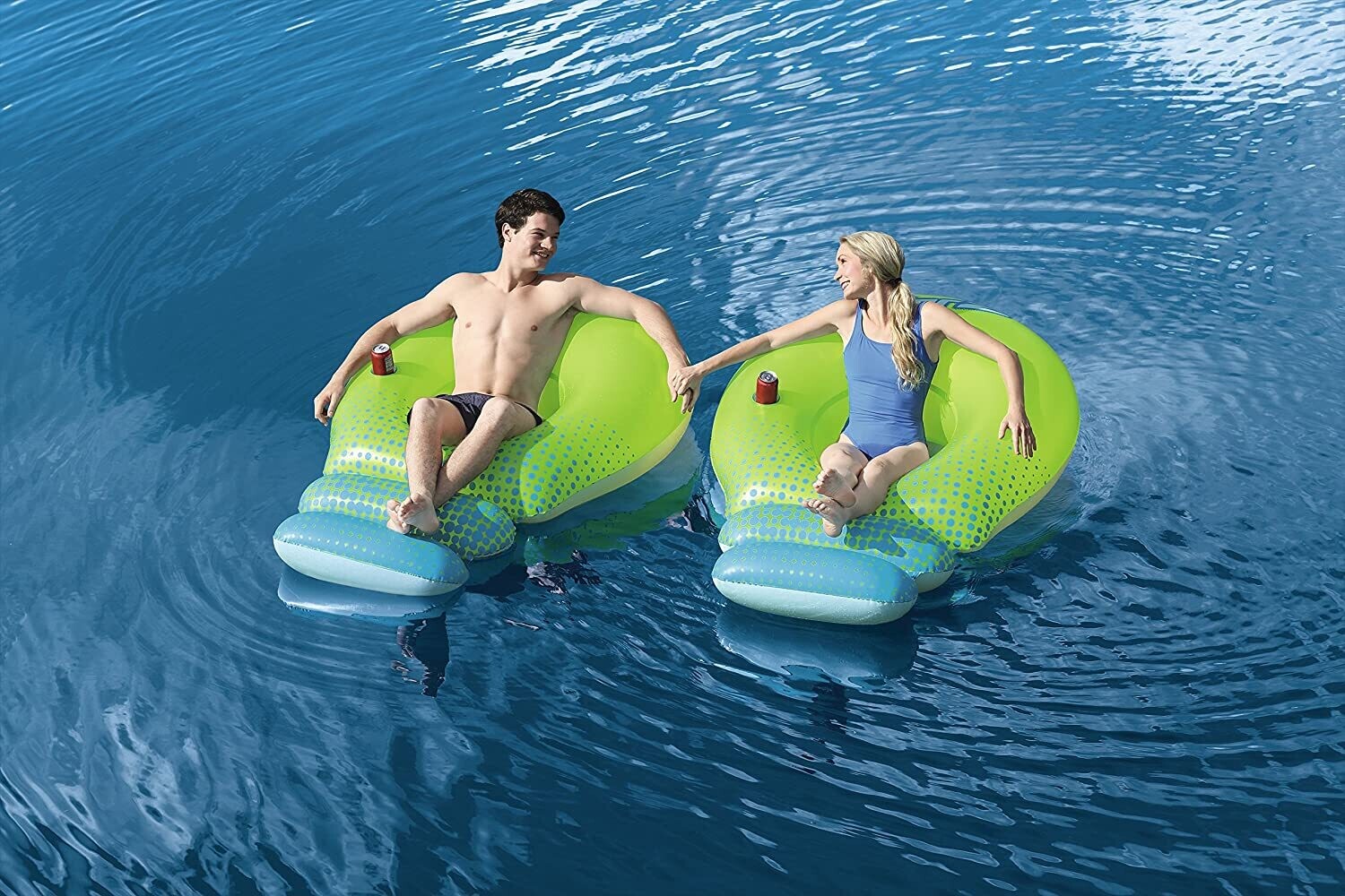 Super Sprawler Swimming Cooler mattress Inflatable Pool Lounger with Footrest &amp; Cup Holder – Green, Size L