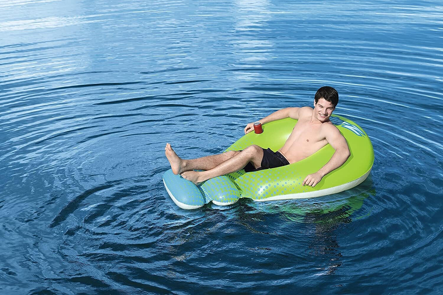 Super Sprawler Swimming Cooler mattress Inflatable Pool Lounger with Footrest &amp; Cup Holder – Green, Size L