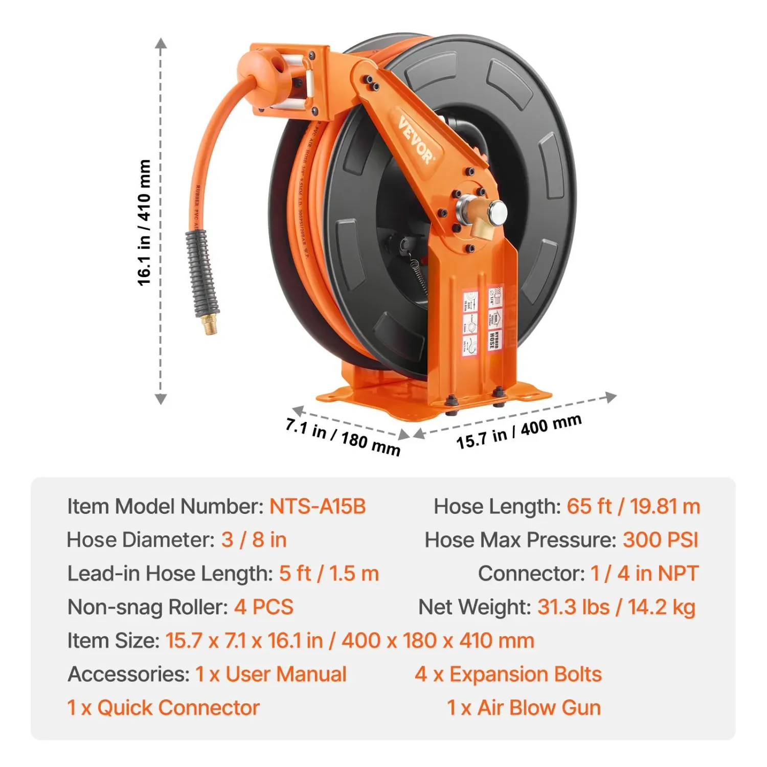 Air Hose Reel Retractable 3/8in x 65FT 300PSI