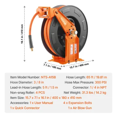 Air Hose Reel Retractable 3/8in x 65FT 300PSI