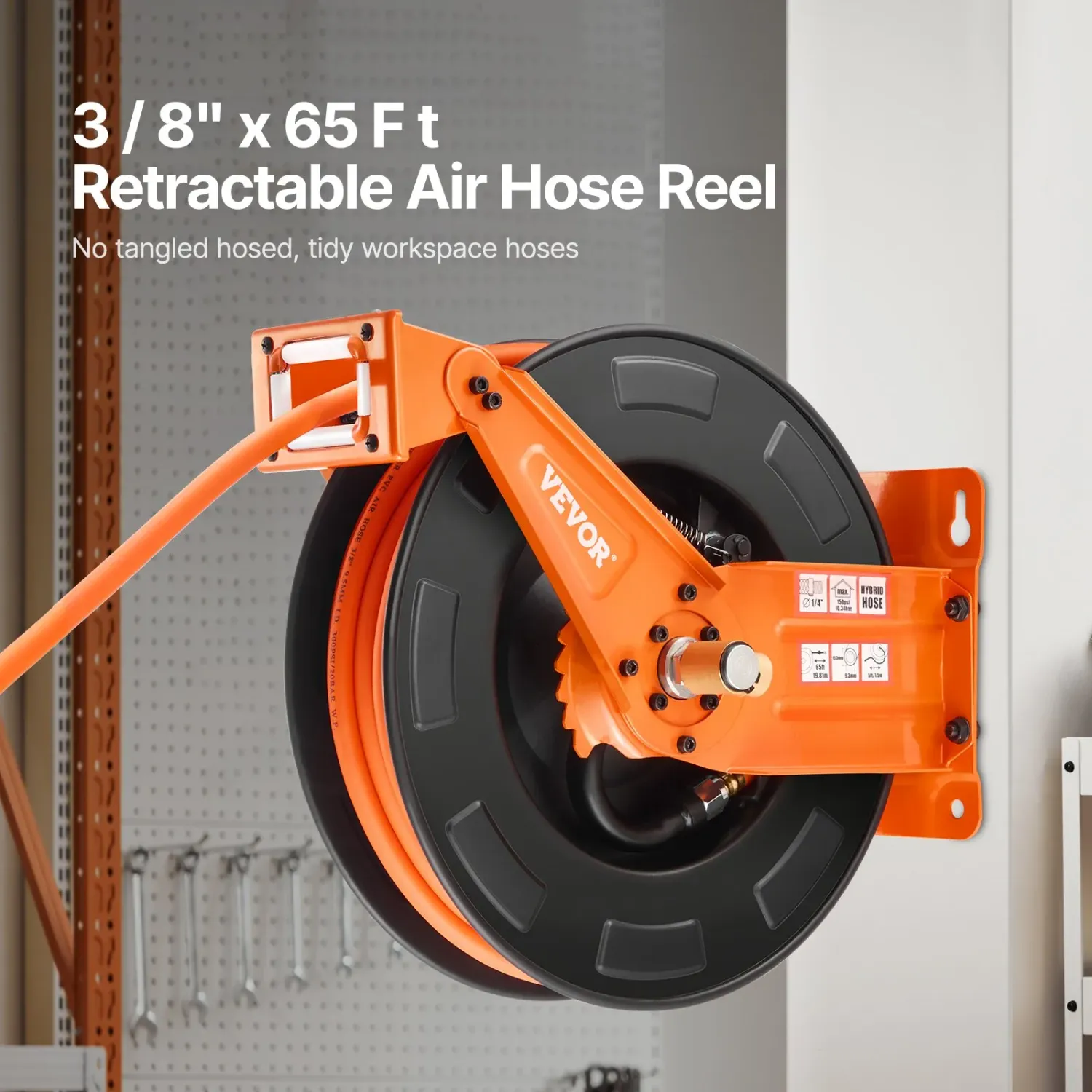Air Hose Reel Retractable 3/8in x 65FT 300PSI