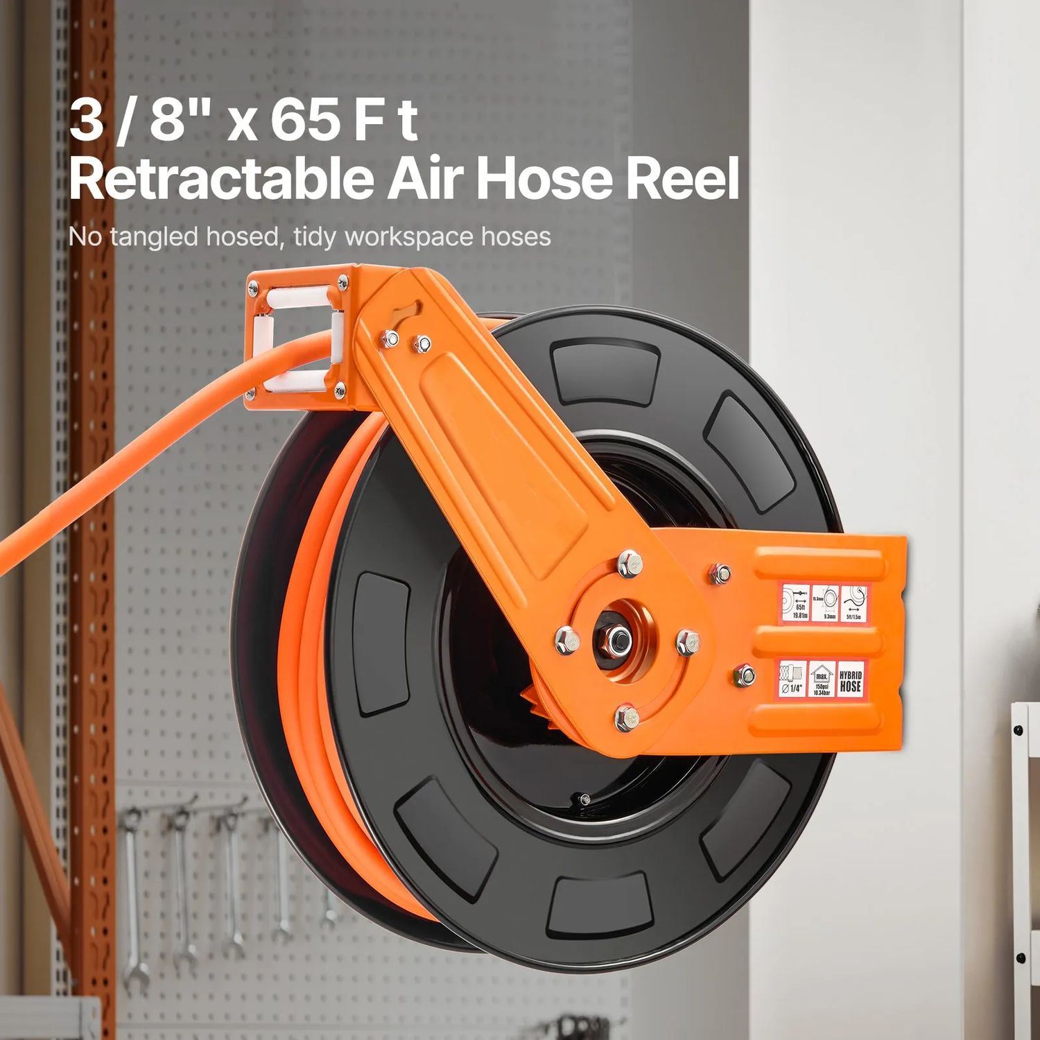 65FT Retractable Air Hose Reel – 300 PSI, 3/8-Inch Hybrid Polymer Hose