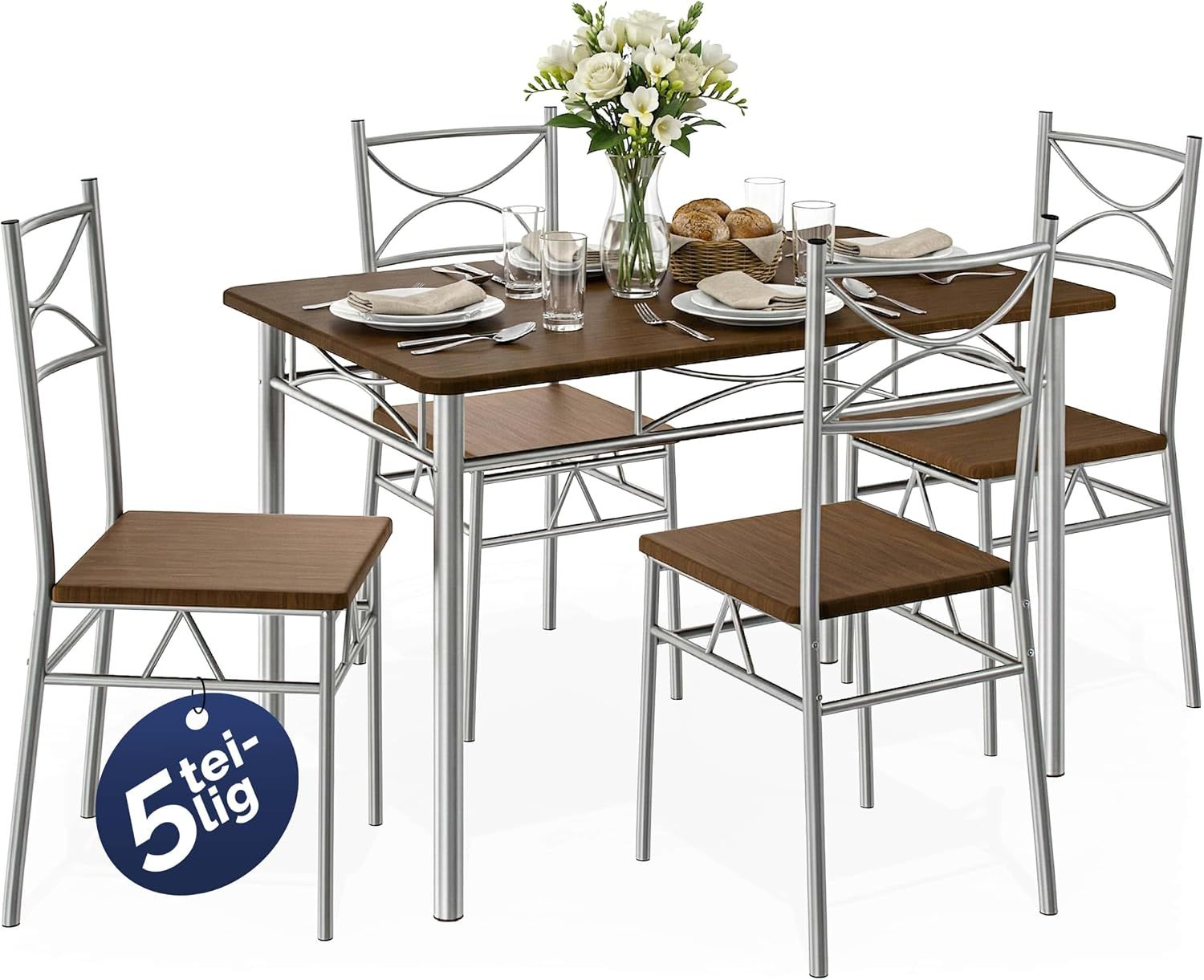 Dining Set with 4 Chairs and 1 Compact Modern Rectangular Dining Table – Contemporary Breakfast Furniture for Small Kitchens