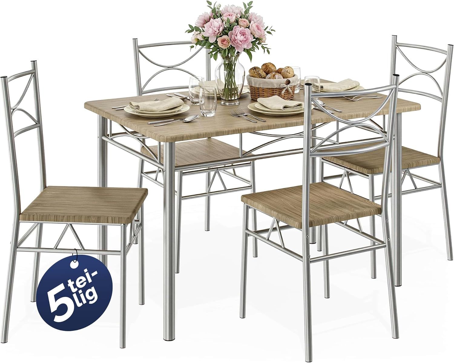 Dining Set with 4 Chairs and 1 Compact Modern Rectangular Dining Table – Contemporary Breakfast Furniture for Small Kitchens