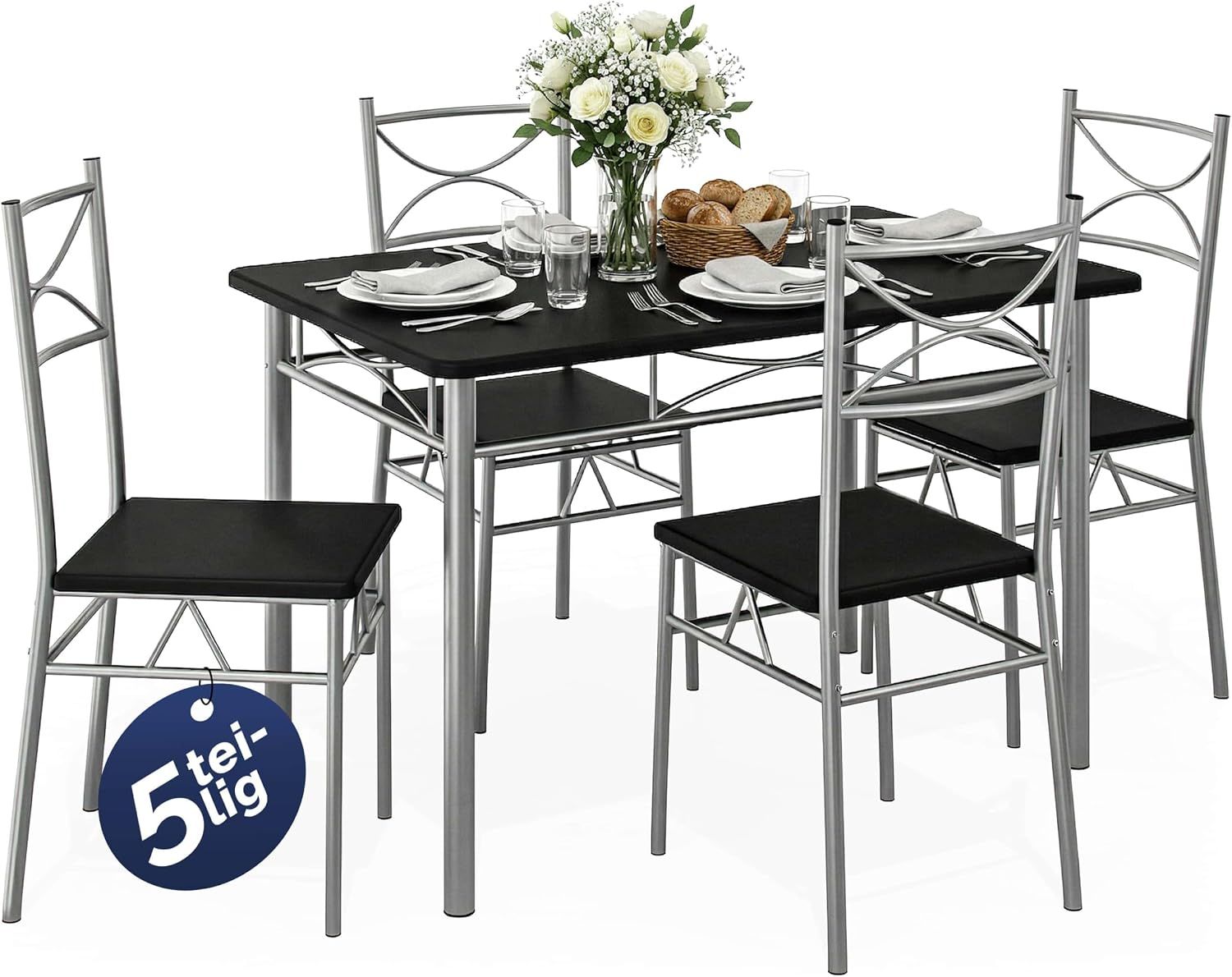 Dining Set with 4 Chairs and 1 Compact Modern Rectangular Dining Table – Contemporary Breakfast Furniture for Small Kitchens