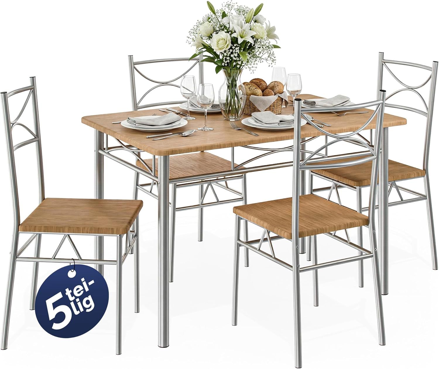 Dining Set with 4 Chairs and 1 Compact Modern Rectangular Dining Table – Contemporary Breakfast Furniture for Small Kitchens, Colour Name:: Beech-Brown