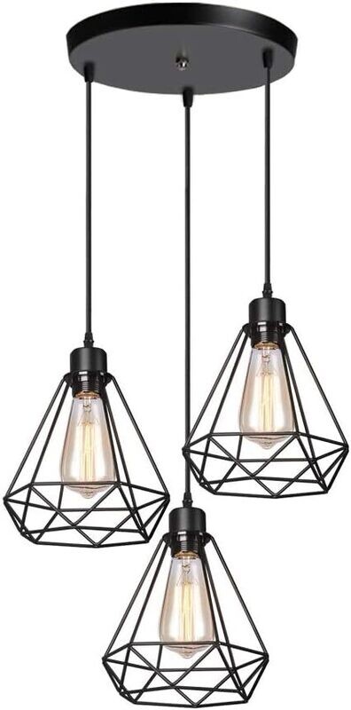 Vintage industrial black metal diamond cage pendant light shade  3 Lights Cage Ceiling Hanging Lamp