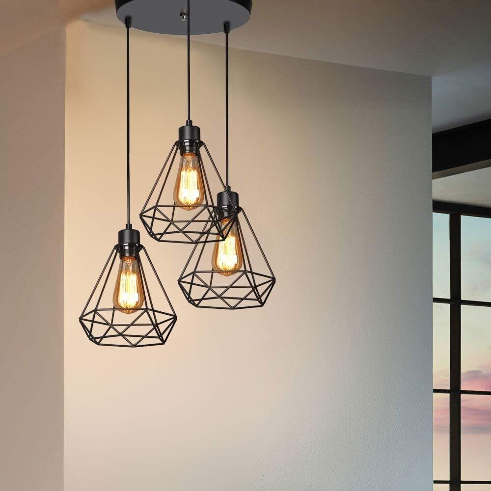 Vintage industrial black metal diamond cage pendant light shade  3 Lights Cage Ceiling Hanging Lamp