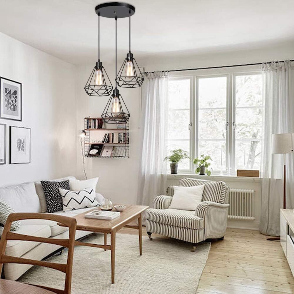 Vintage industrial black metal diamond cage pendant light shade  3 Lights Cage Ceiling Hanging Lamp