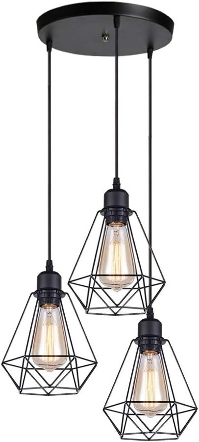Vintage Industrial Cage Pendant Light 3 Lights, Black Metal
