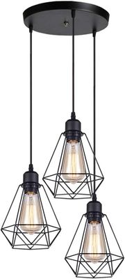 Vintage Industrial Cage Pendant Light 3 Lights, Black Metal