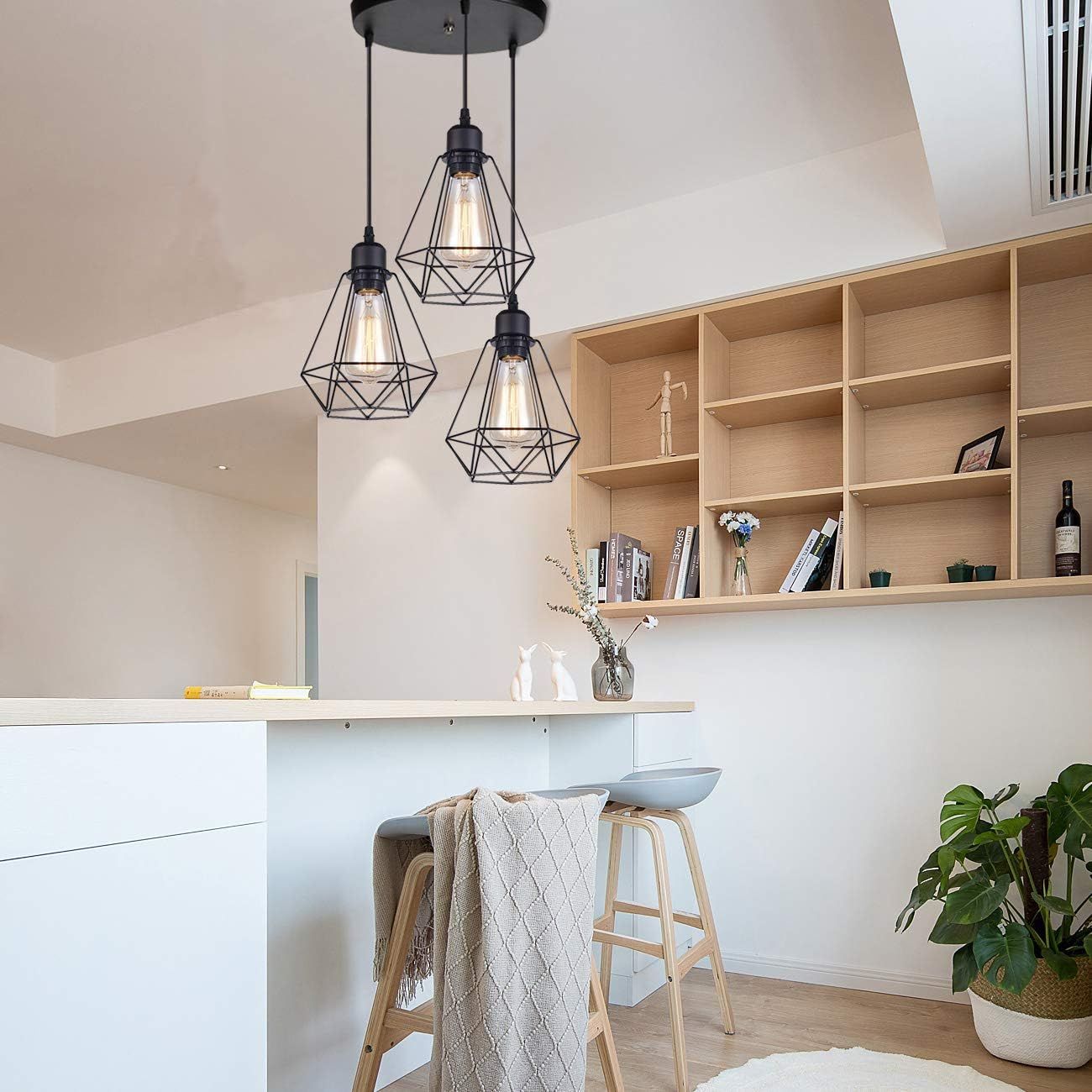 Vintage Industrial Cage Pendant Light 3 Lights, Black Metal