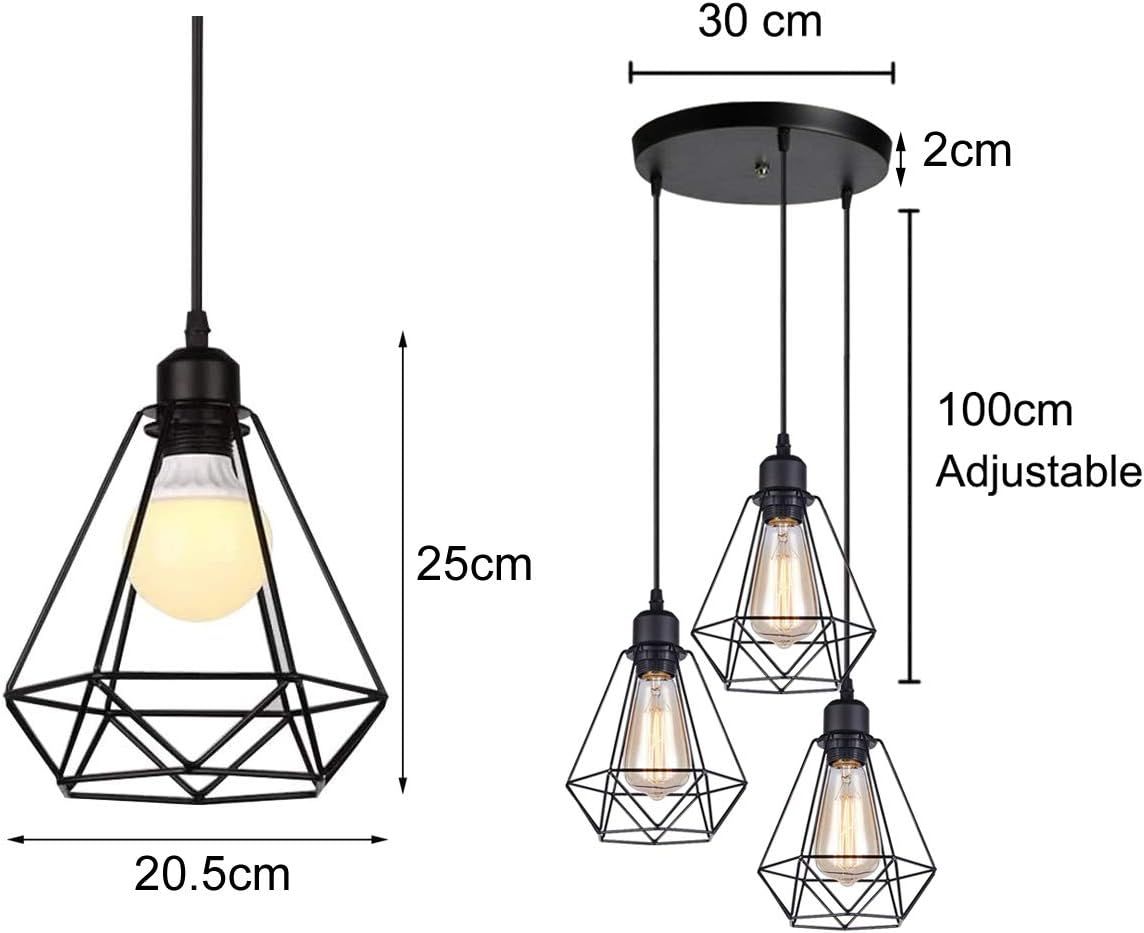 Vintage Industrial Cage Pendant Light 3 Lights, Black Metal