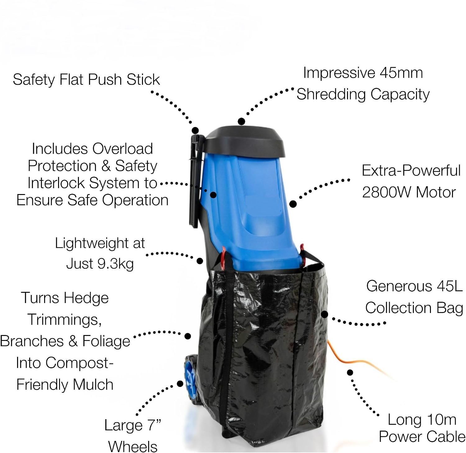 2800W Electric Garden Shredder – 45mm Cutting Capacity with 45L Collection Bag