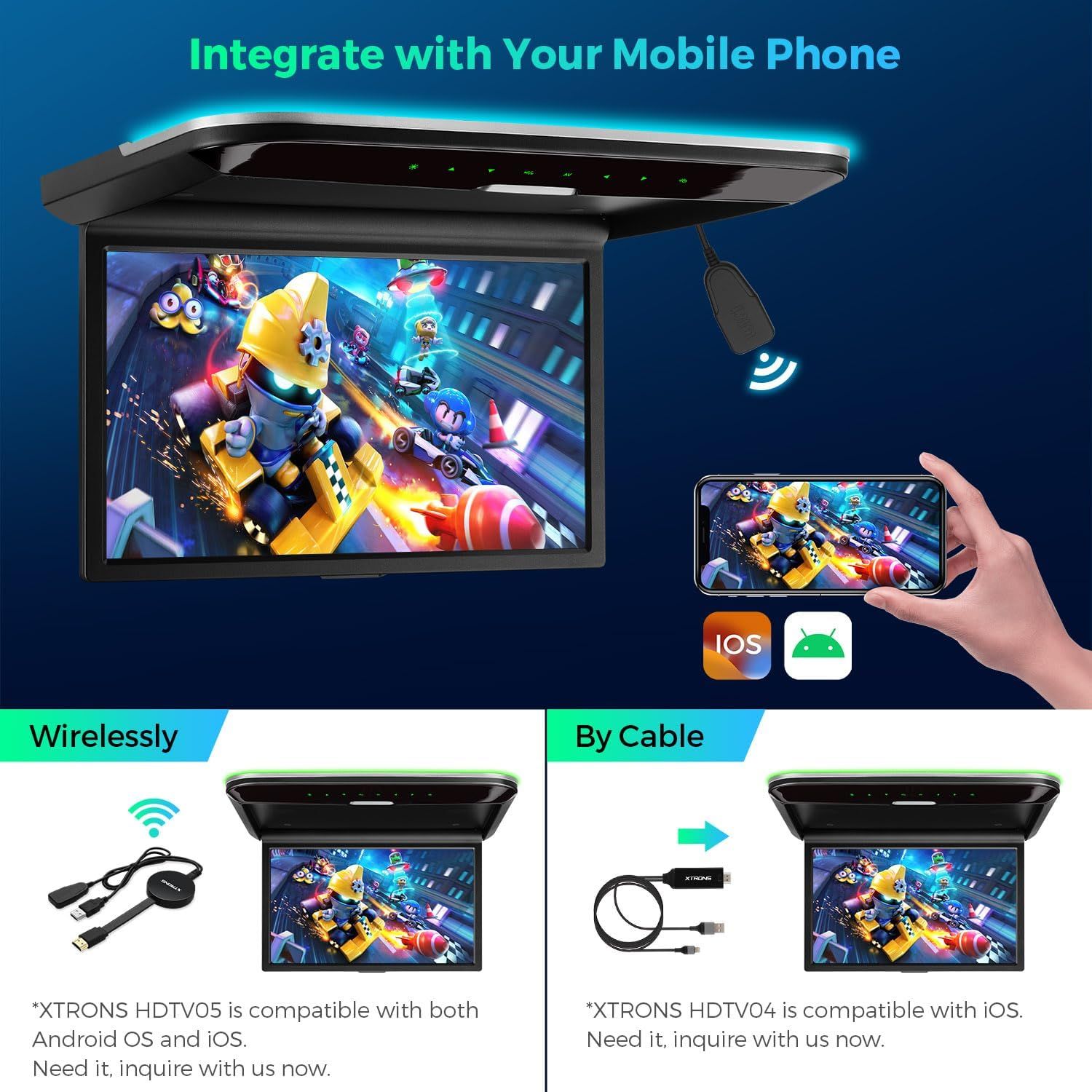14-Inch Flip-Down Car Roof Monitor – HDMI, USB, LCD Display