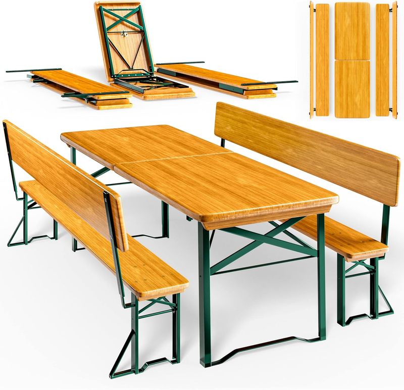 Beer Tent Set Wooden Folding Table &amp; Bench Set with Backrest