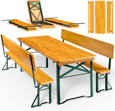 Beer Tent Set Wooden Folding Table &amp; Bench Set with Backrest