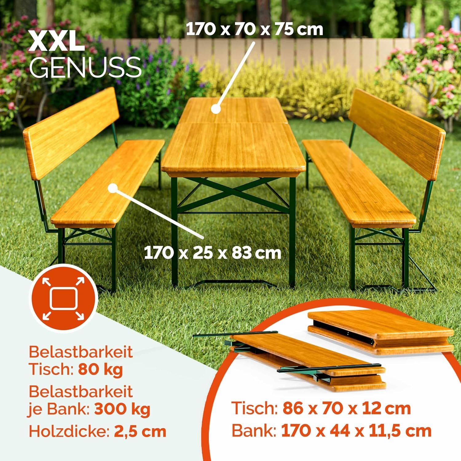 Beer Tent Set Wooden Folding Table &amp; Bench Set with Backrest