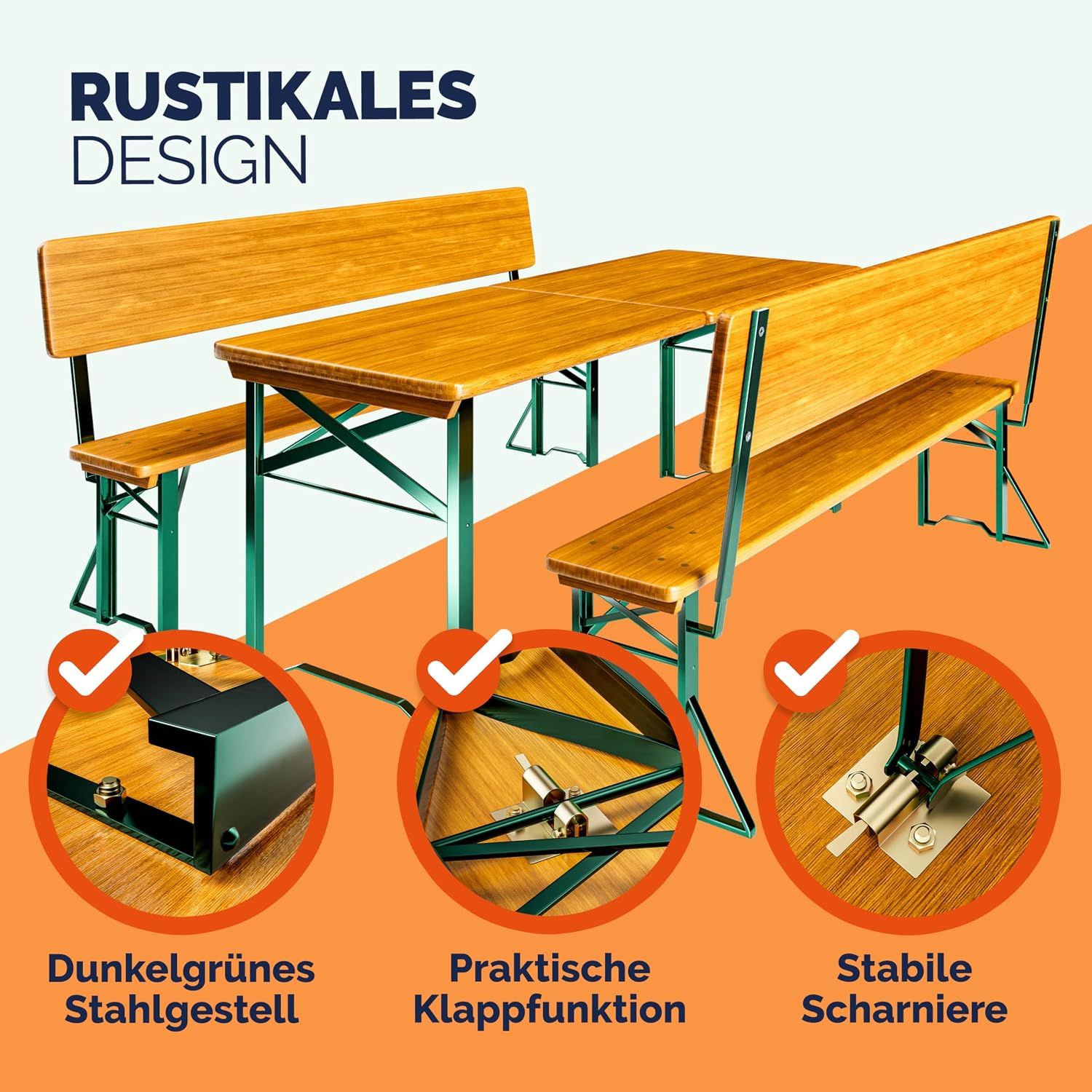 Beer Tent Set Wooden Folding Table &amp; Bench Set with Backrest