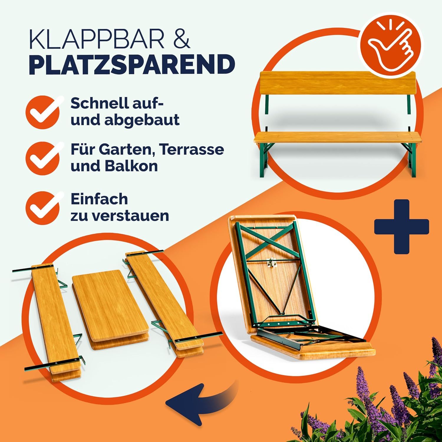 Beer Tent Set Wooden Folding Table &amp; Bench Set with Backrest