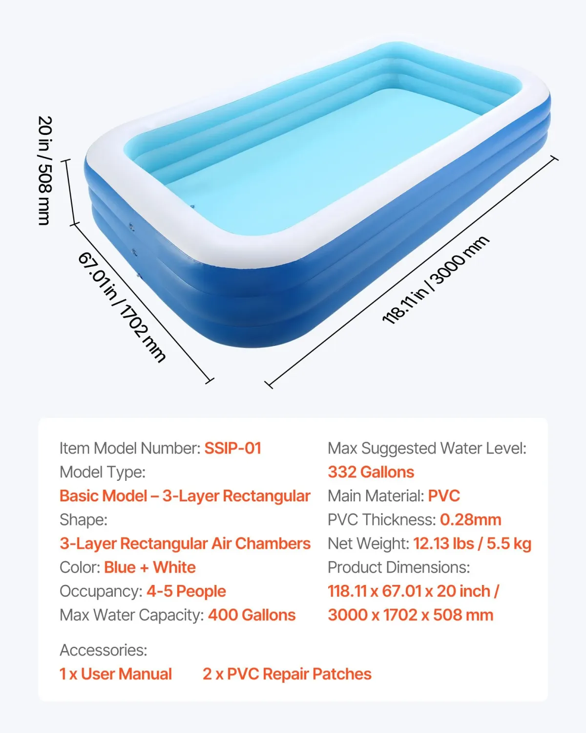 Inflatable Pool 3000x1702x508mm Family Swimming