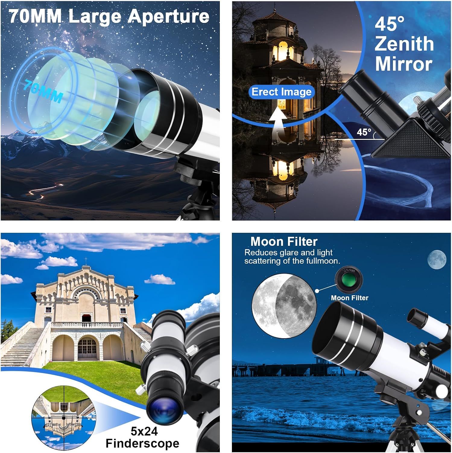 70mm Aperture 300mm Refractor Telescope with Tripod &amp; Phone Holder for Kids &amp; Beginners