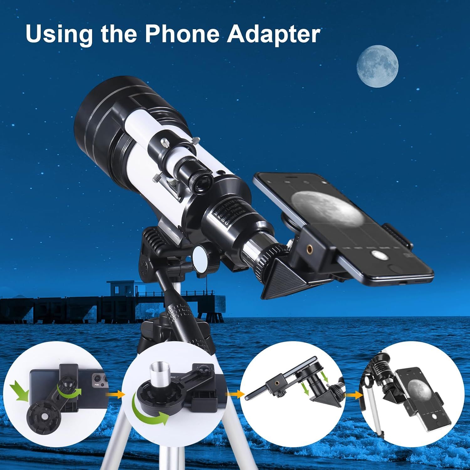 70mm Aperture 300mm Refractor Telescope with Tripod &amp; Phone Holder for Kids &amp; Beginners