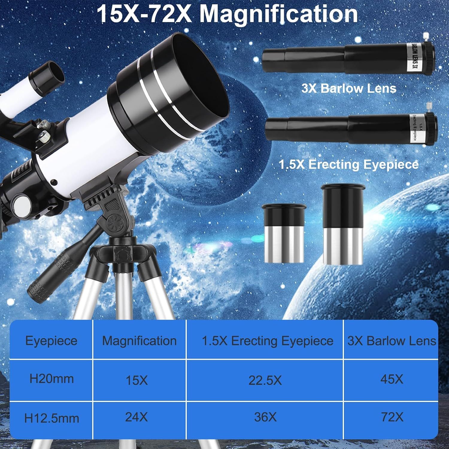 70mm Aperture 300mm Refractor Telescope with Tripod &amp; Phone Holder for Kids &amp; Beginners