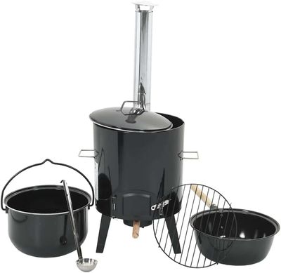 Wood Burning Stove with Flue &amp; Lid Black Enamelled Steel