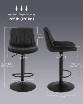 Bar Stools Set of 2, Adjustable with Backs, 360° Swivel