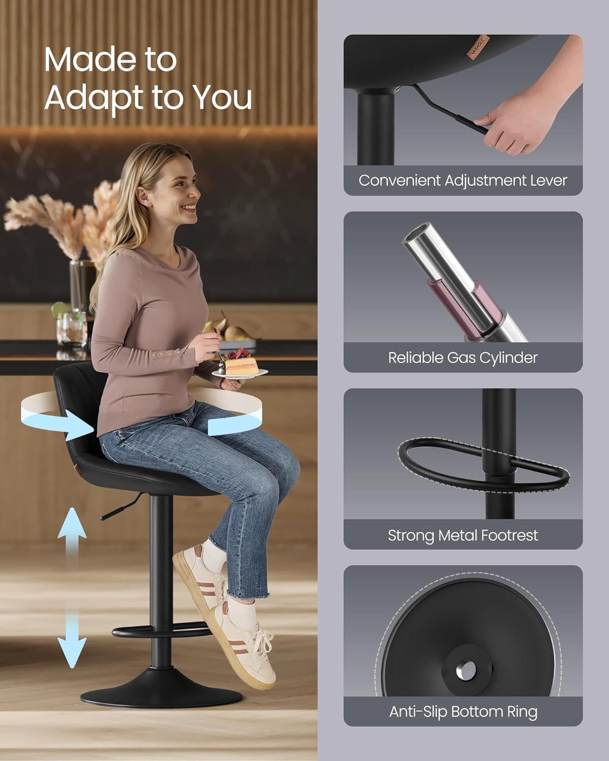 Bar Stools Set of 2, Adjustable with Backs, 360° Swivel