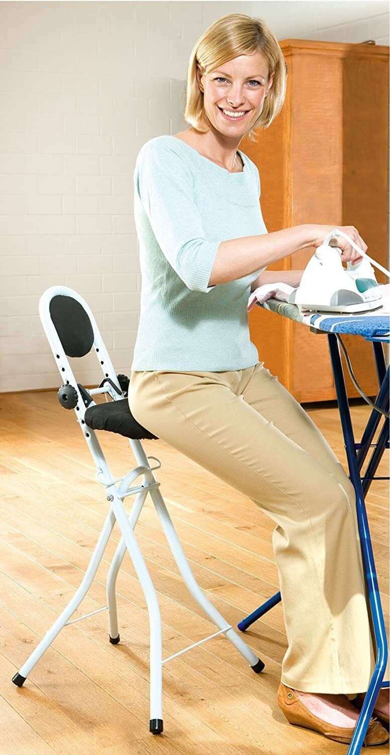 Secura White Standing Adjustable Folding Stool – Padded Seat, Steel Frame &amp; Safety Lock