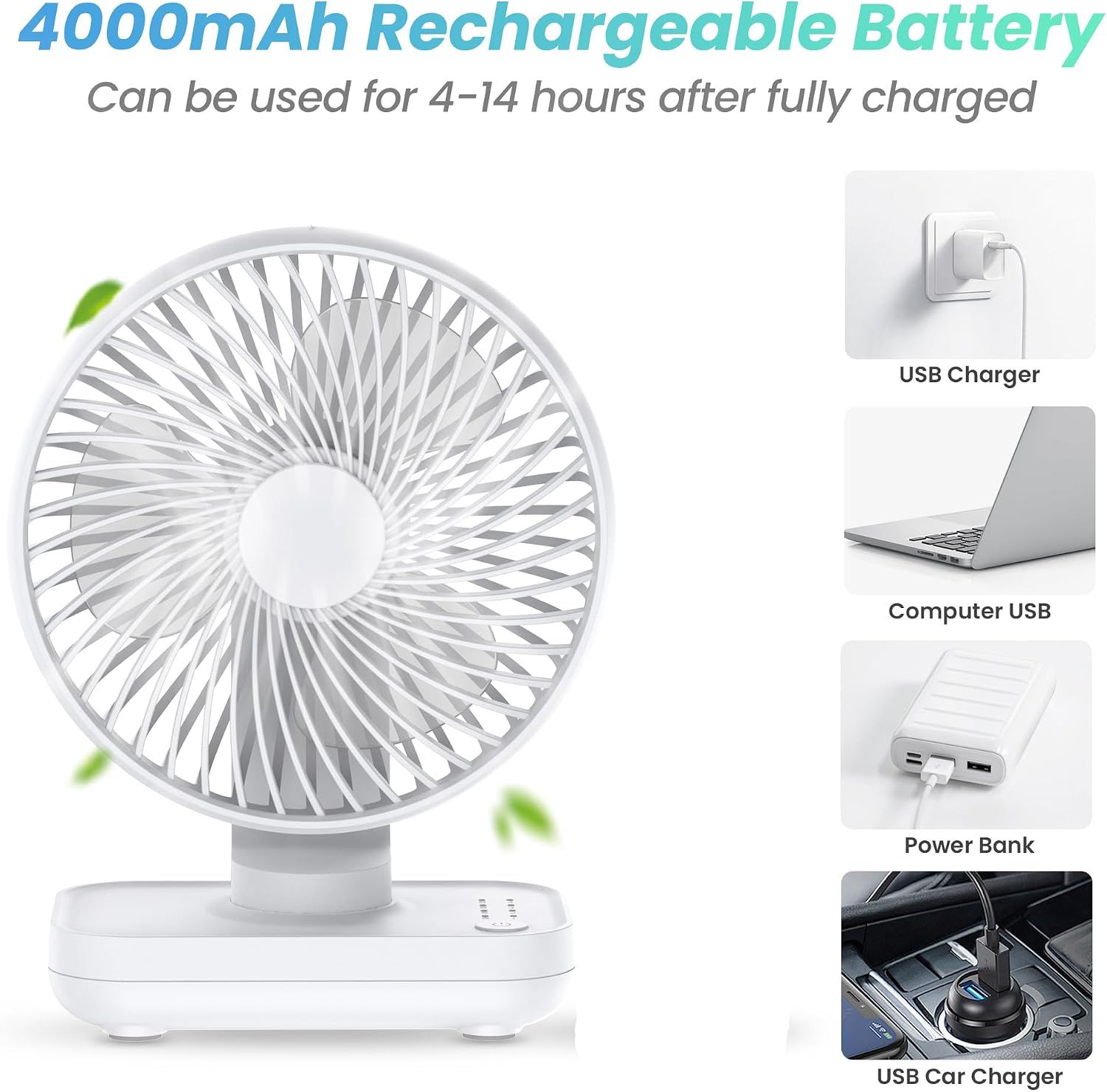 Portable Rechargeable Desk Fan in White