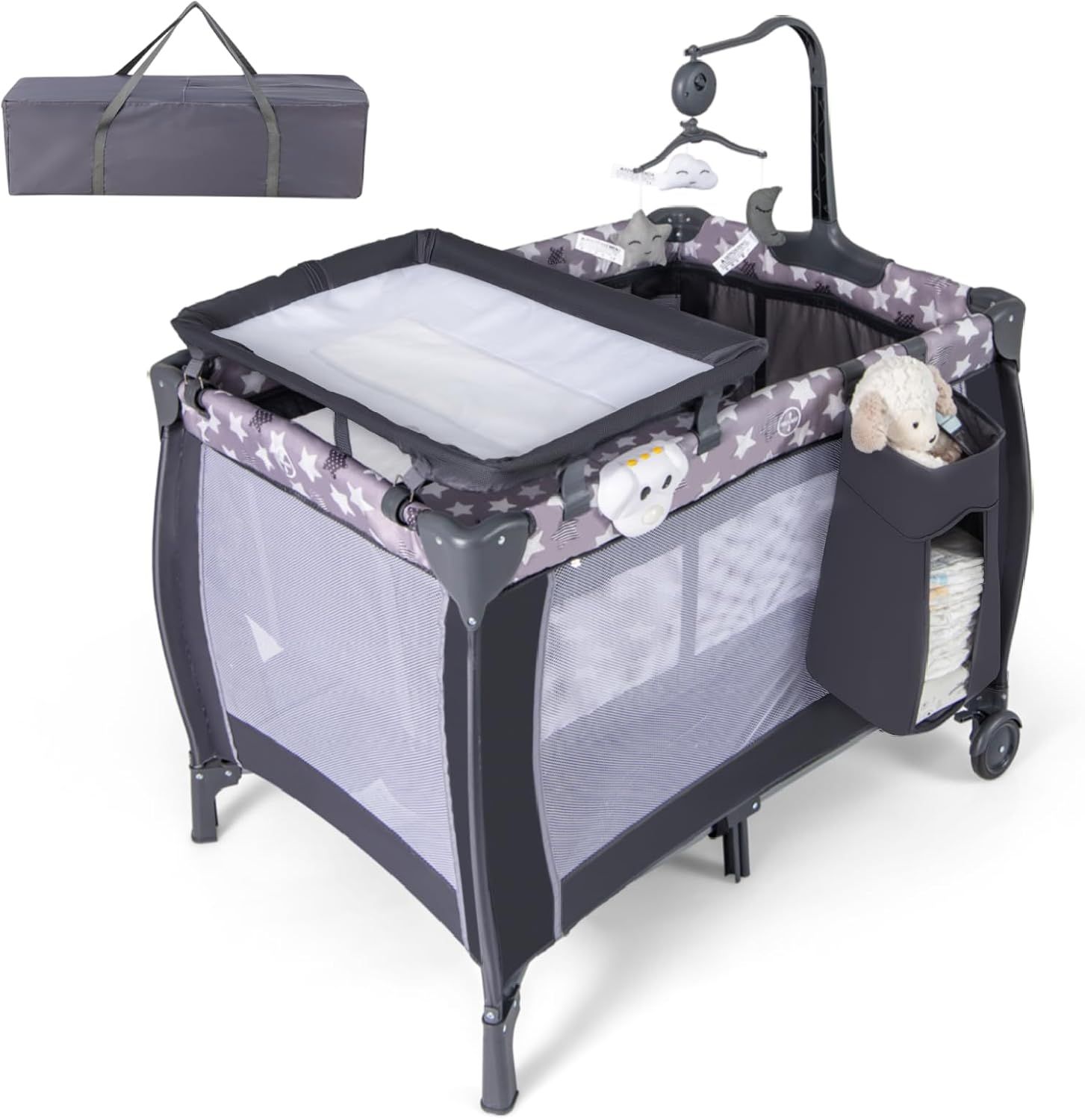 3-in-1 Baby Travel Cot with Bassinet, Changing Table, Mattress &amp; Toy Bar, Light Grey