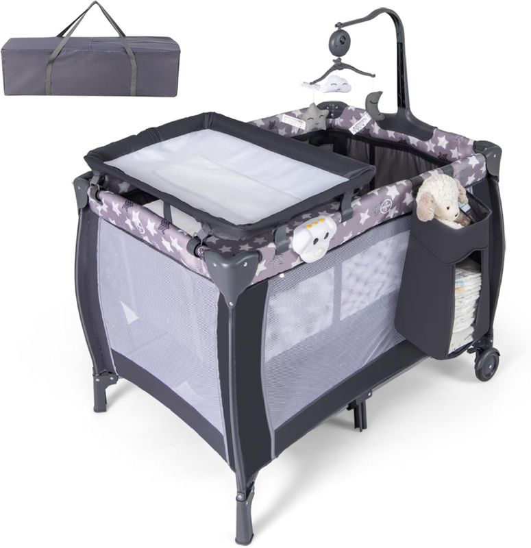 3-in-1 Baby Travel Cot with Bassinet, Changing Table, Mattress &amp; Toy Bar, Light Grey