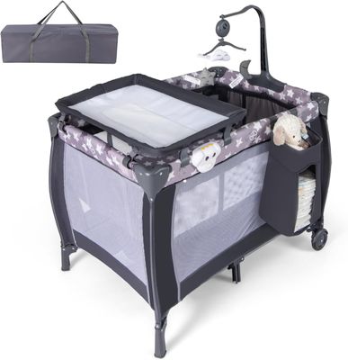 3-in-1 Baby Travel Cot with Bassinet, Changing Table, Mattress &amp; Toy Bar, Light Grey