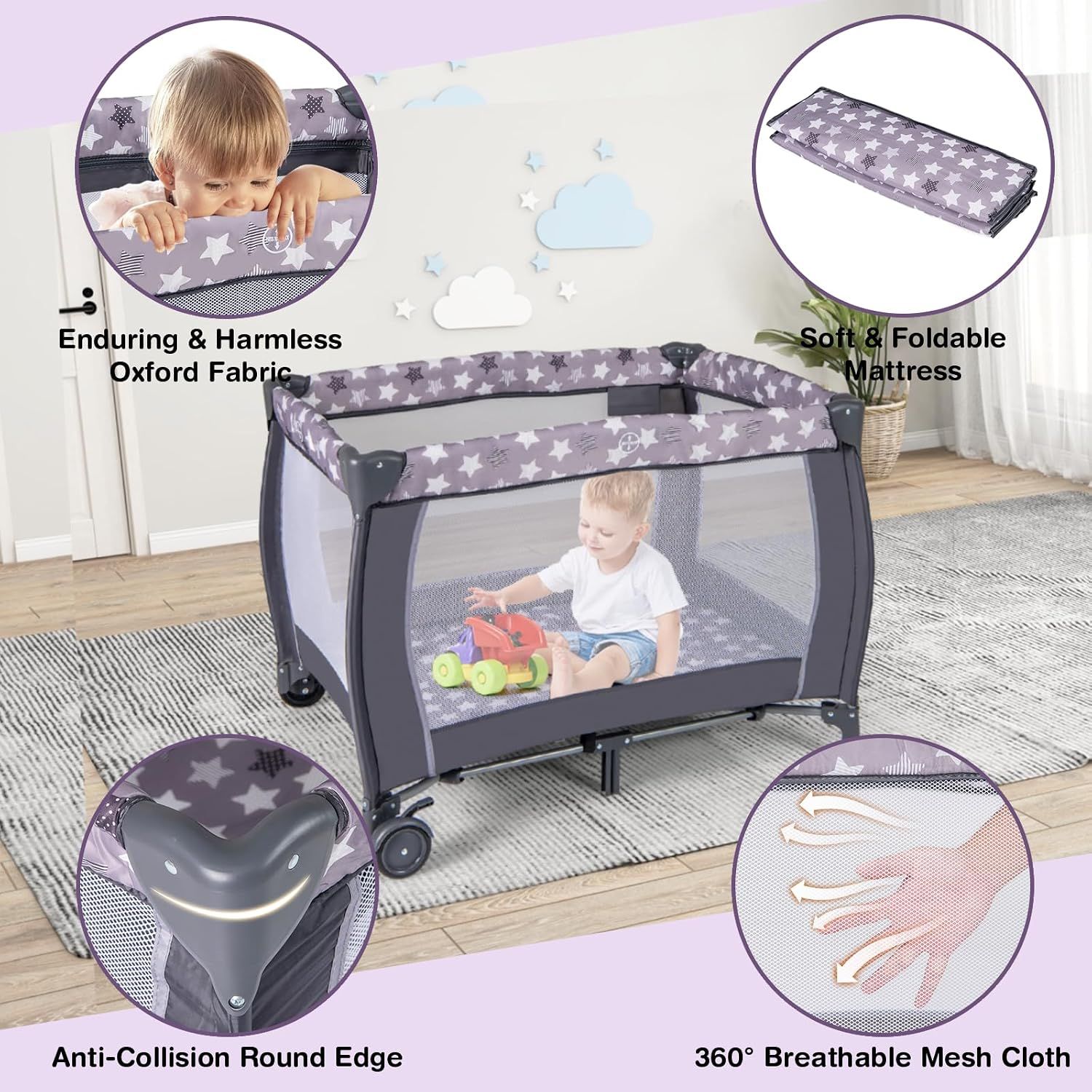 3-in-1 Baby Travel Cot with Bassinet, Changing Table, Mattress &amp; Toy Bar, Light Grey