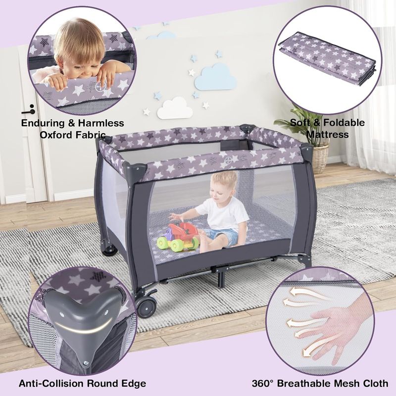 3-in-1 Baby Travel Cot with Bassinet, Changing Table, Mattress &amp; Toy Bar, Light Grey