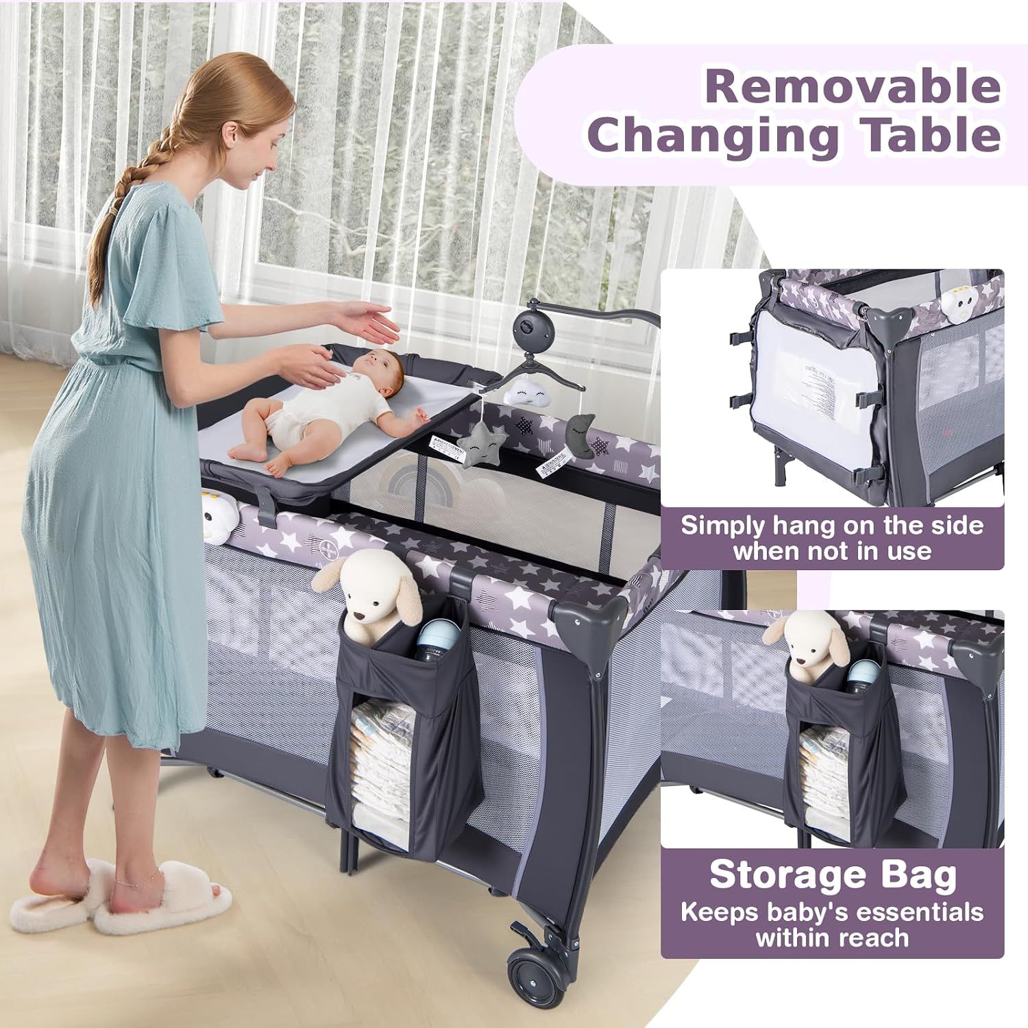 3-in-1 Baby Travel Cot with Bassinet, Changing Table, Mattress &amp; Toy Bar, Light Grey