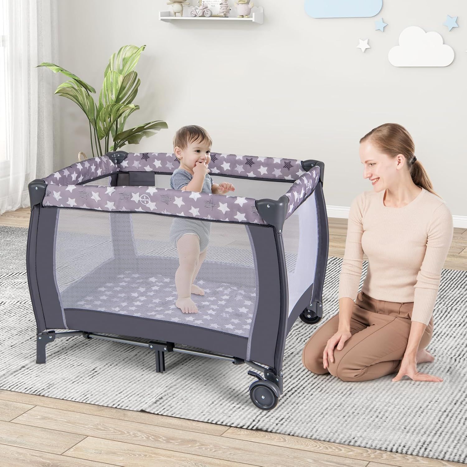 3-in-1 Baby Travel Cot with Bassinet, Changing Table, Mattress &amp; Toy Bar, Light Grey