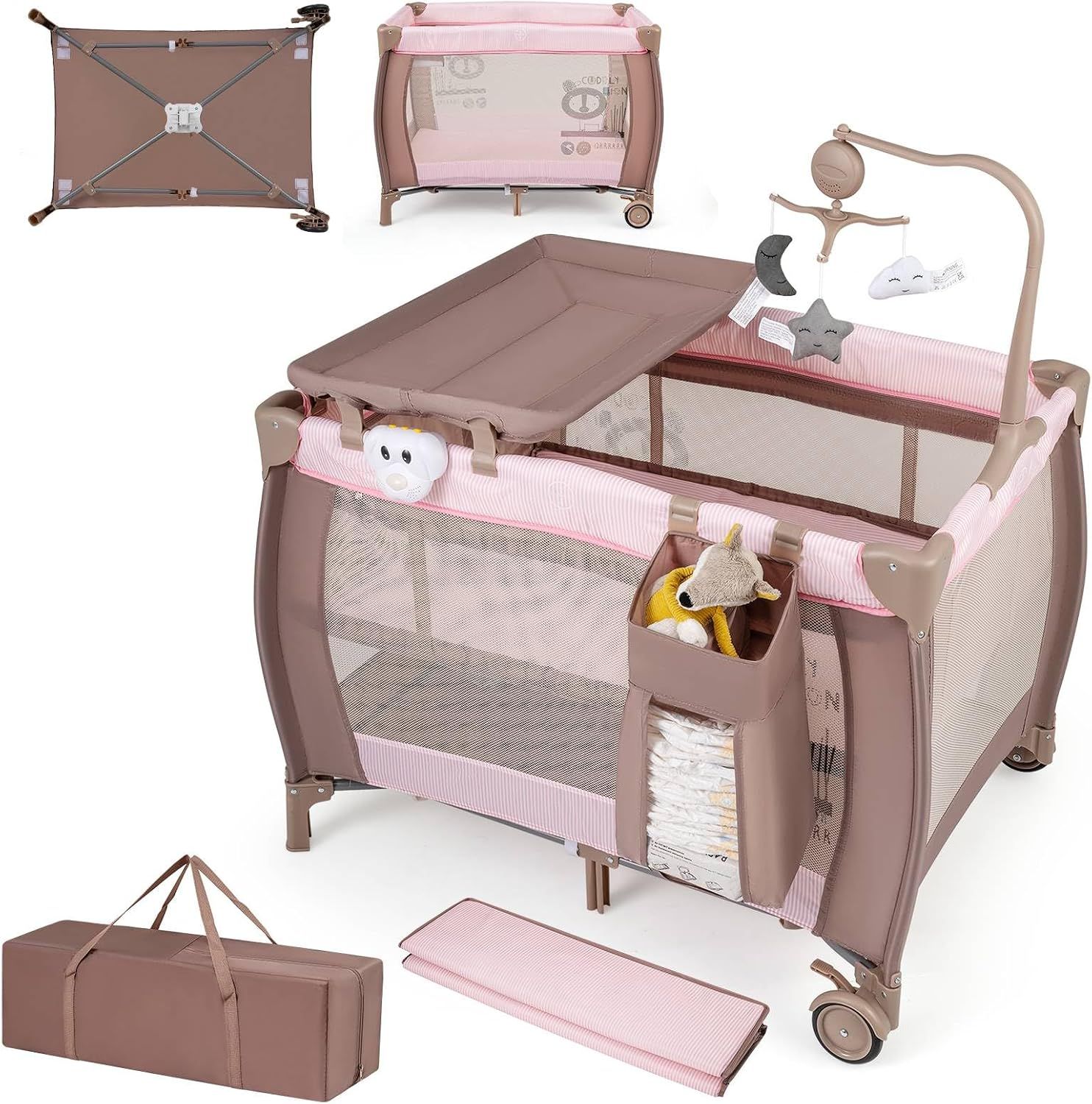 3-in-1 Baby Travel Cot with Bassinet, Changing Table, Mattress &amp; Toy Bar, Light Grey
