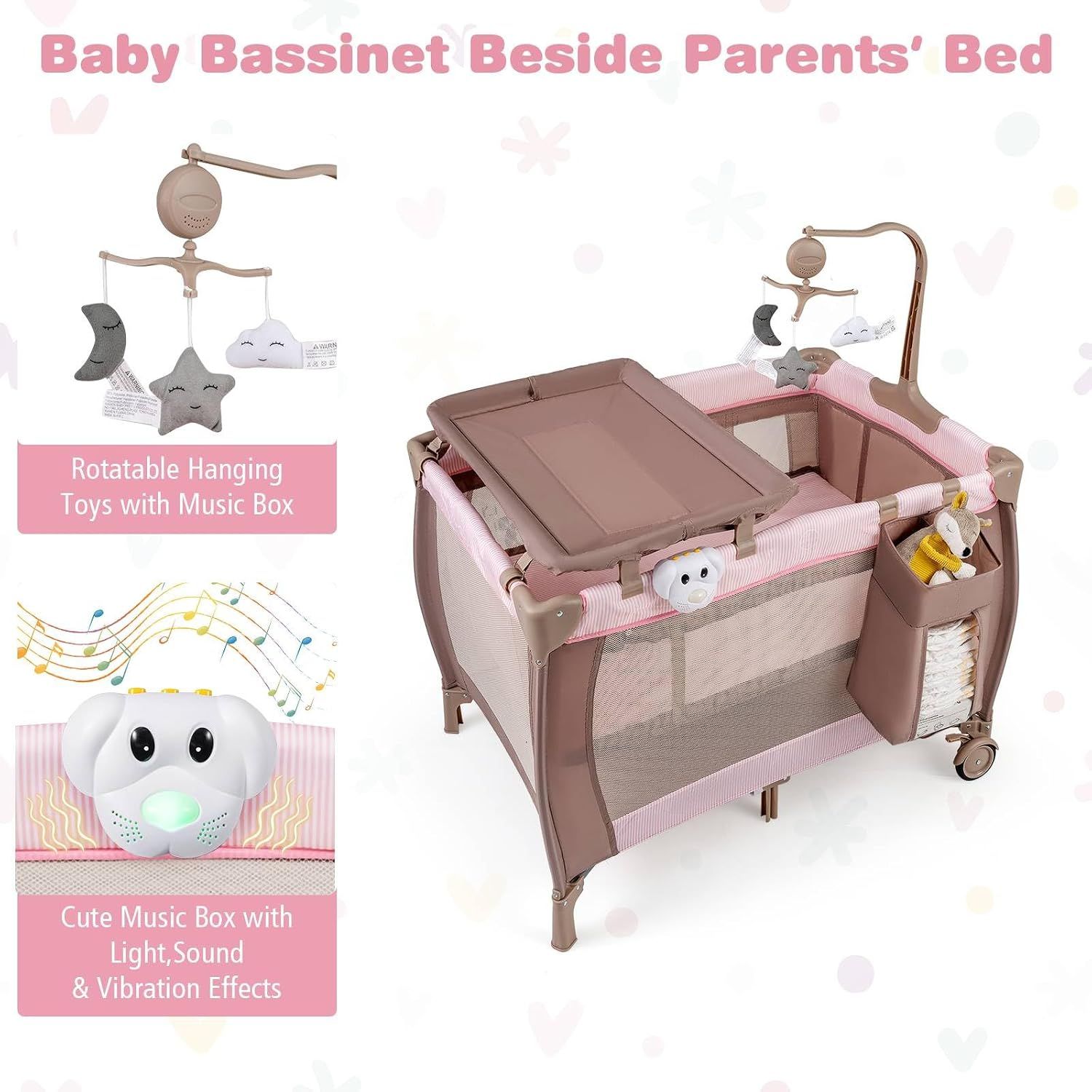 3-in-1 Baby Travel Cot with Bassinet, Changing Table, Mattress &amp; Toy Bar, Light Grey