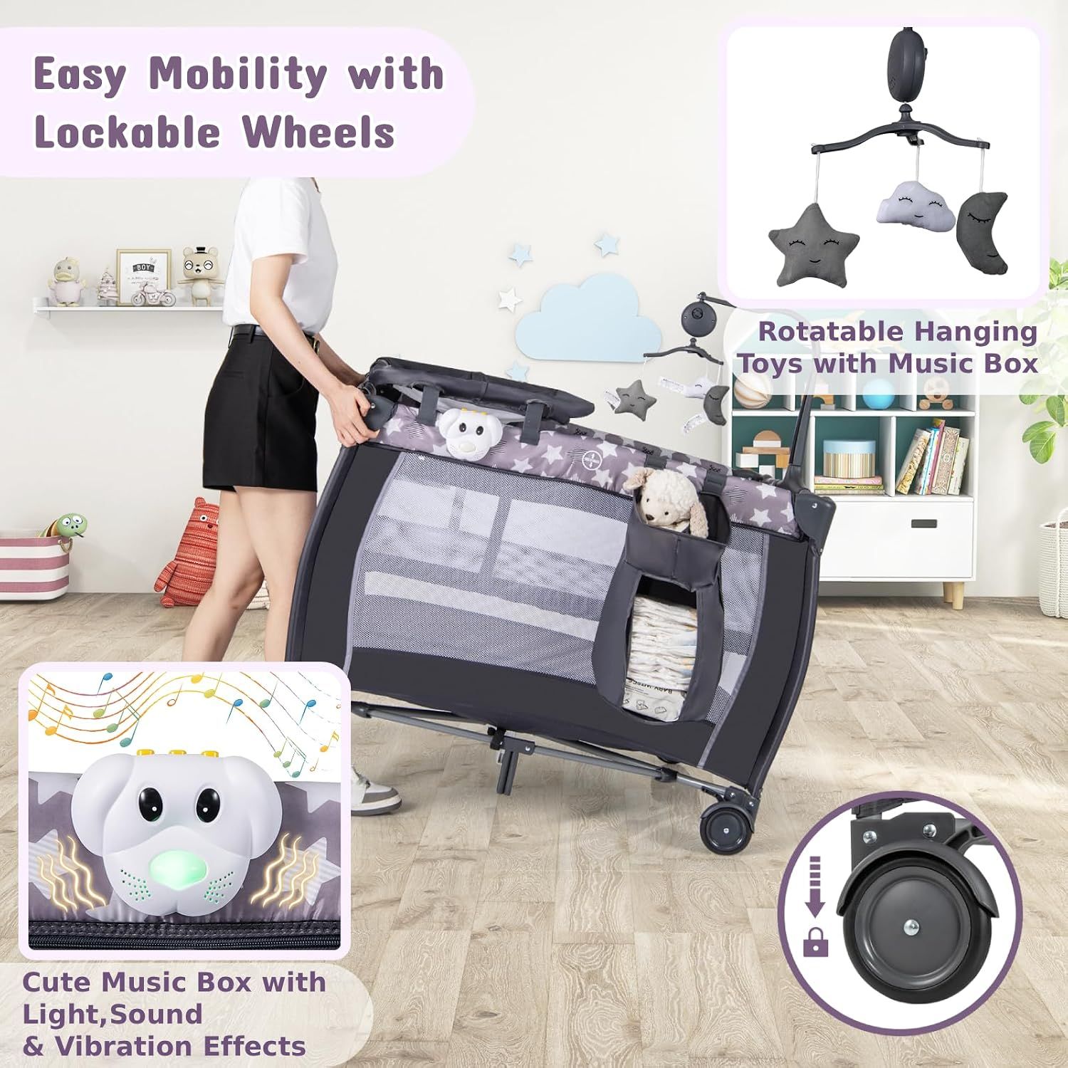 3-in-1 Baby Travel Cot with Bassinet, Changing Table, Mattress &amp; Toy Bar, Light Grey